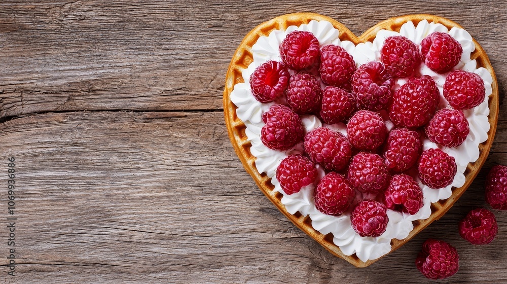 A charming heart-shaped waffle topped with cream and raspberries, fine details in texture, set on rustic, weathered wood, cozy farmhouse vibe A charming heart-shaped waffle topped with cream and raspberries, fine details in texture, set on rustic, weathered wood, cozy farmhouse vibe