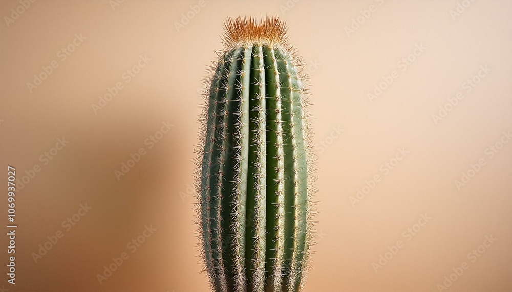 Naklejka premium A tall, textured cactus with no flowers standing against an isolated beige background.