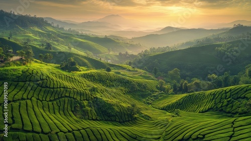 Lush green terraced hills under a golden sunset, showcasing serene natural beauty.