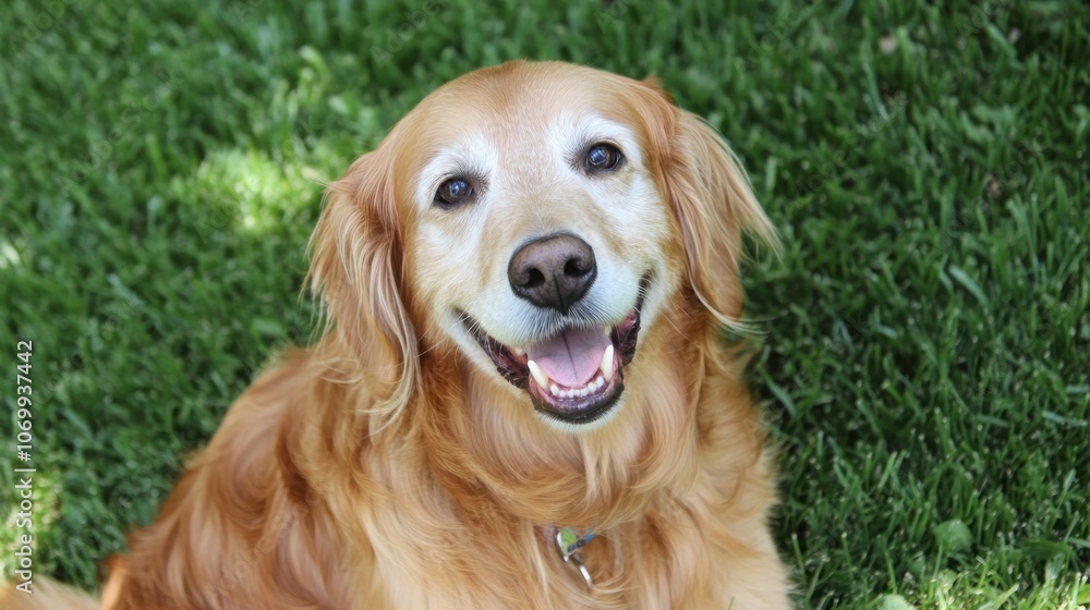A happy golden retriever smiling in a grassy area. A happy golden retriever smiling in a grassy area.