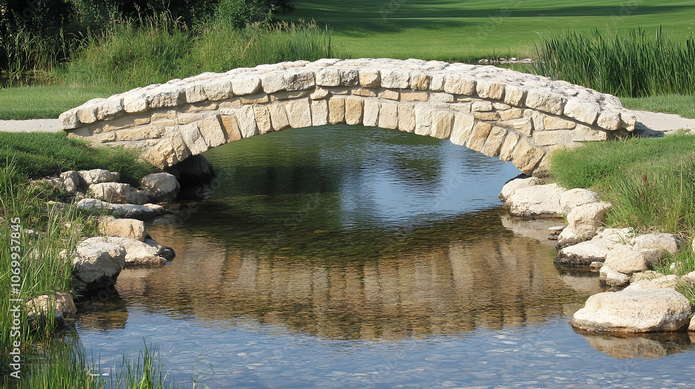 Fototapeta premium Stone arch bridge over a calm stream on a golf course.