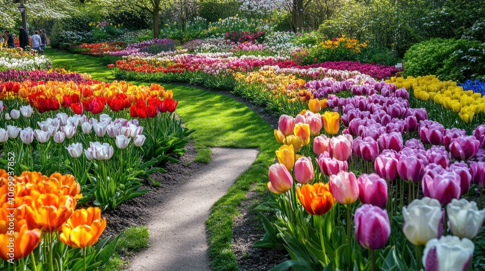 A vibrant garden path lined with colorful tulips in full bloom. A vibrant garden path lined with colorful tulips in full bloom.