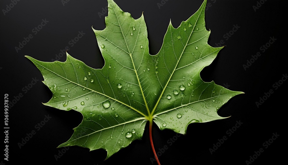 A vibrant green maple leaf with water droplets isolated on a black background. A vibrant green maple leaf with water droplets isolated on a black background.