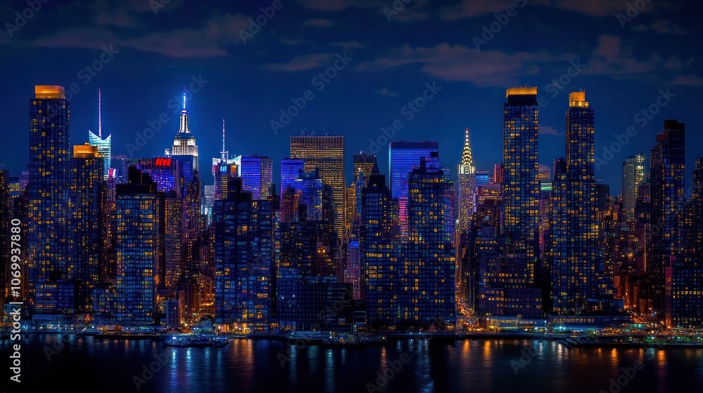 Fototapeta premium A vibrant city skyline illuminated at night, showcasing skyscrapers and urban lights.