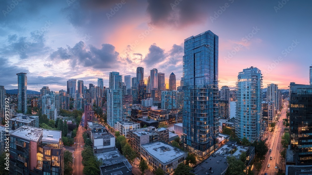 Obraz premium Panoramic cityscape at sunset showcasing modern skyscrapers and urban life.