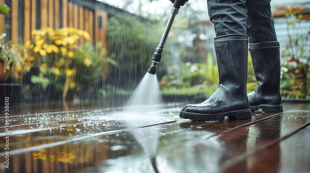 A man in black boots uses a pressure washer to clean a wooden floor outside his house on a rainy day with a blurred garden background A man in black boots uses a pressure washer to clean a wooden floor outside his house on a rainy day with a blurred garden background
