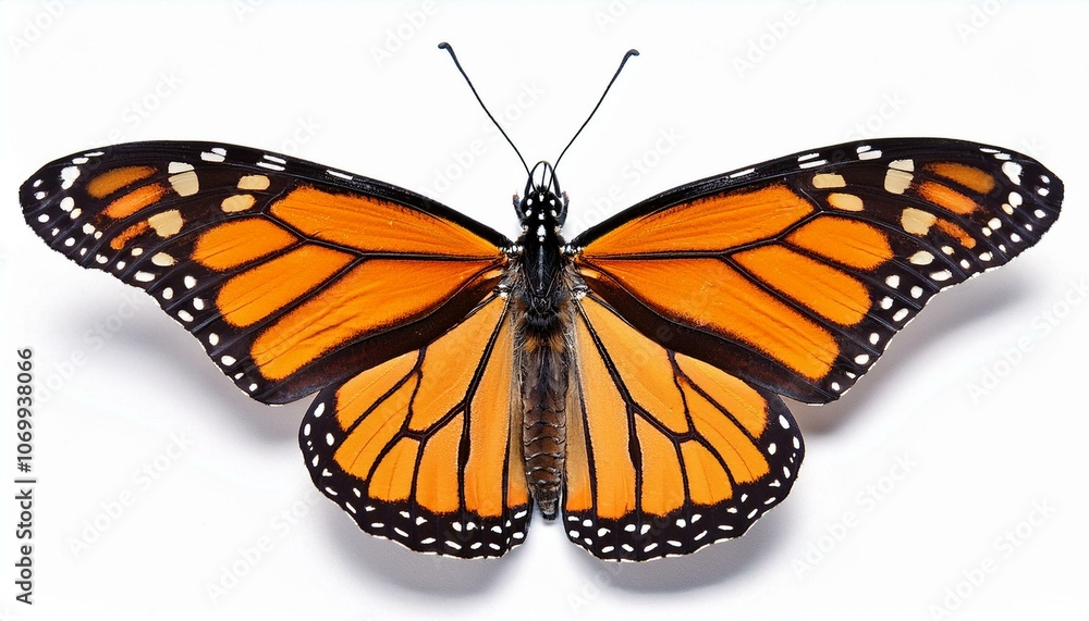 Fototapeta premium A vibrant orange monarch butterfly with open wings isolated on a white background.