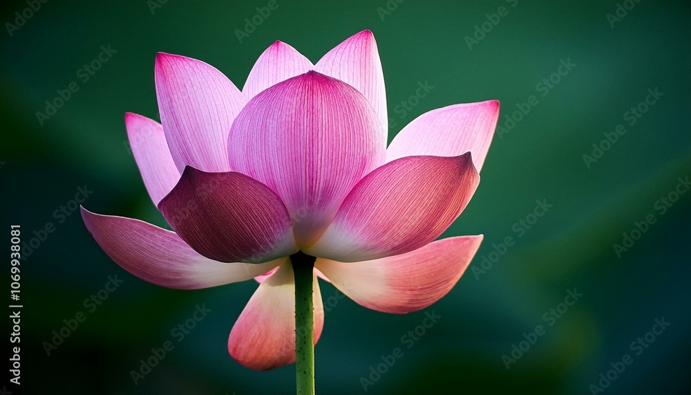 A vibrant pink lotus flower fully bloomed on an isolated deep green background. A vibrant pink lotus flower fully bloomed on an isolated deep green background.