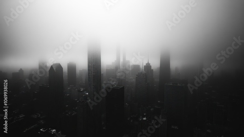 A foggy cityscape obscured by mist, creating a mysterious and atmospheric urban scene.