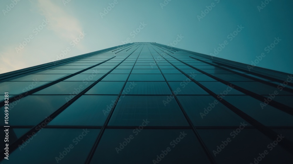 A low-angle view of a tall modern skyscraper against a clear sky.