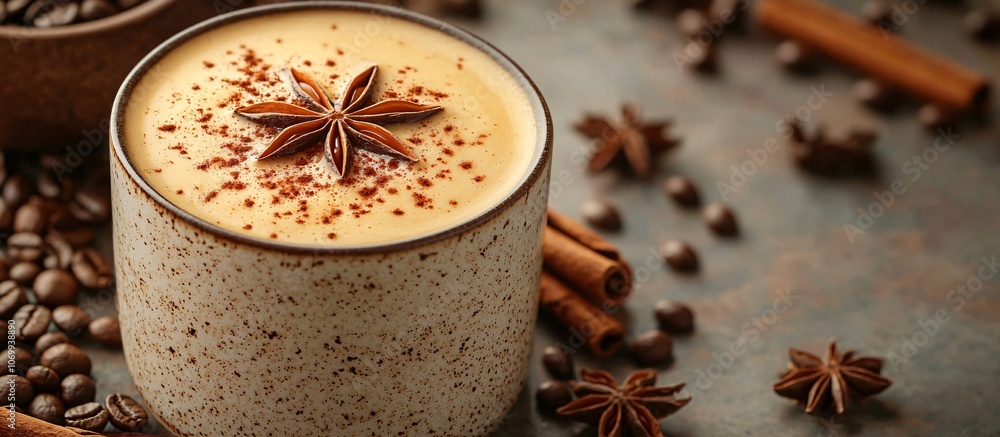 A cozy winter coffee scene featuring a latte with star-shaped art and spices, perfect for holiday marketing, warm winter gatherings, and seasonal promotions. A cozy winter coffee scene featuring a latte with star-shaped art and spices, perfect for holiday marketing, warm winter gatherings, and seasonal promotions.