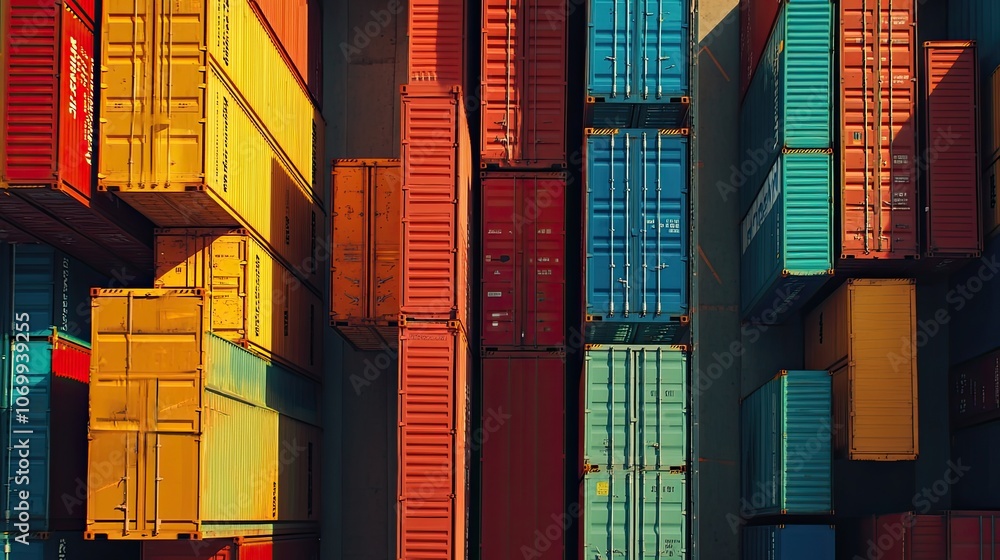 Fototapeta premium Aerial view of colorful shipping containers stacked high in a shipping yard.
