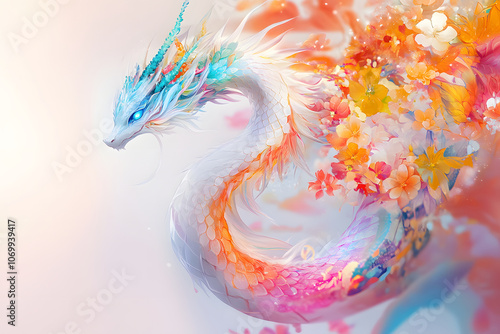 幻想的な花と龍の美しい抽象イラスト