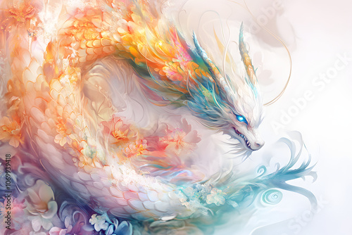 幻想的な花と龍の美しい抽象イラスト