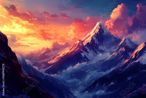 Majestic mountain range at sunset with vibrant clouds.