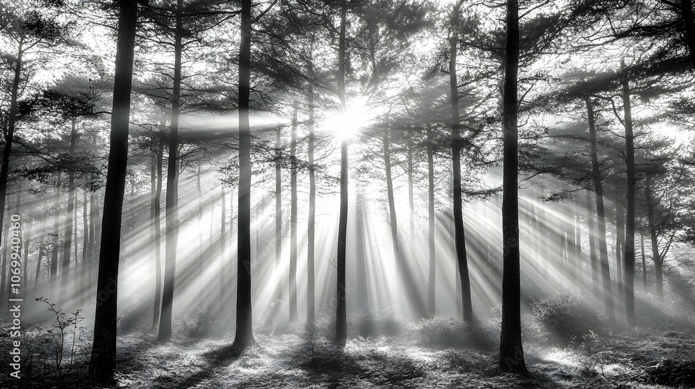 Sunbeams pierce through a misty forest, creating a magical and ethereal atmosphere. Sunbeams pierce through a misty forest, creating a magical and ethereal atmosphere.