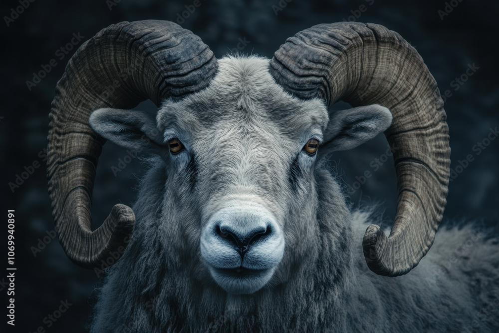 Close-up of a majestic ram with impressive curled horns against a dark background, showcasing the animal's strength and natural beauty. Close-up of a majestic ram with impressive curled horns against a dark background, showcasing the animal's strength and natural beauty.