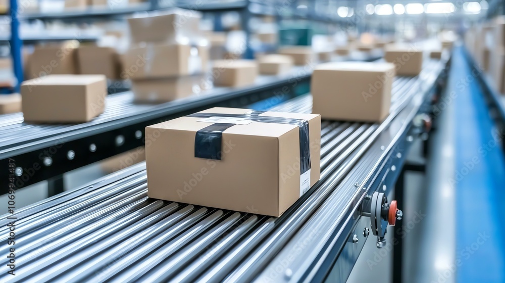 A conveyor belt filled with various cardboard packages in a warehouse setting, highlighting logistics and efficient distribution. A conveyor belt filled with various cardboard packages in a warehouse setting, highlighting logistics and efficient distribution.