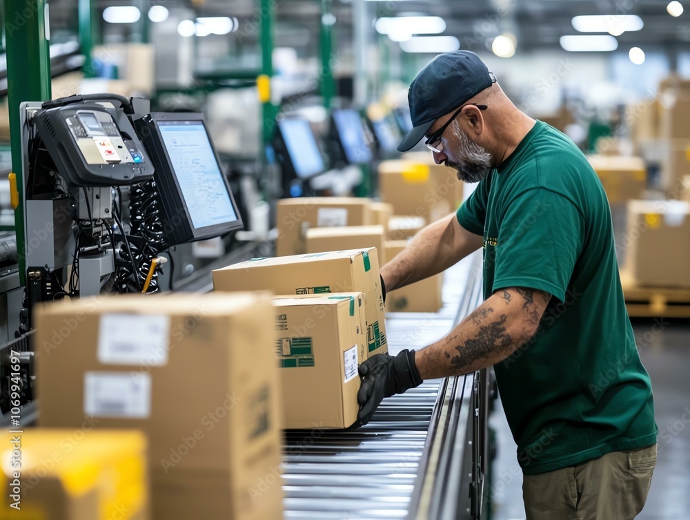 A worker organizes packages on a conveyor belt in a busy warehouse, demonstrating efficiency in the logistics and shipping process. A worker organizes packages on a conveyor belt in a busy warehouse, demonstrating efficiency in the logistics and shipping process.
