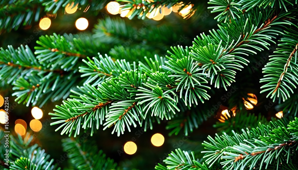 Green pine needles and soft bokeh lights for a festive holiday atmosphere Green pine needles and soft bokeh lights for a festive holiday atmosphere