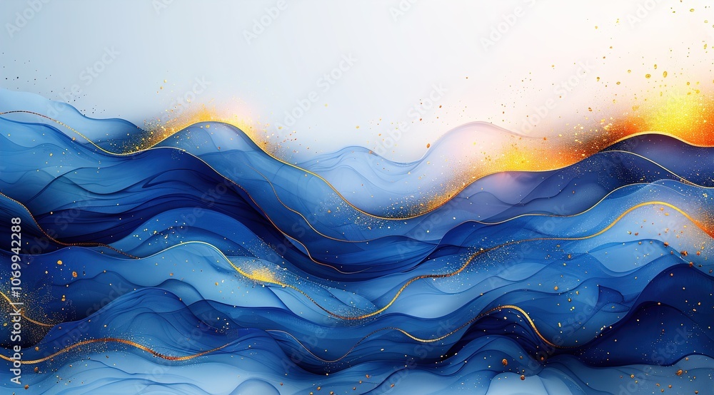 Abstract blue wave with gold lines watercolor texture painting Abstract blue wave with gold lines watercolor texture painting