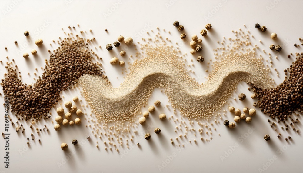 Crushed white pepper scattered with whole peppercorns in a wavy line on a light background. Crushed white pepper scattered with whole peppercorns in a wavy line on a light background.
