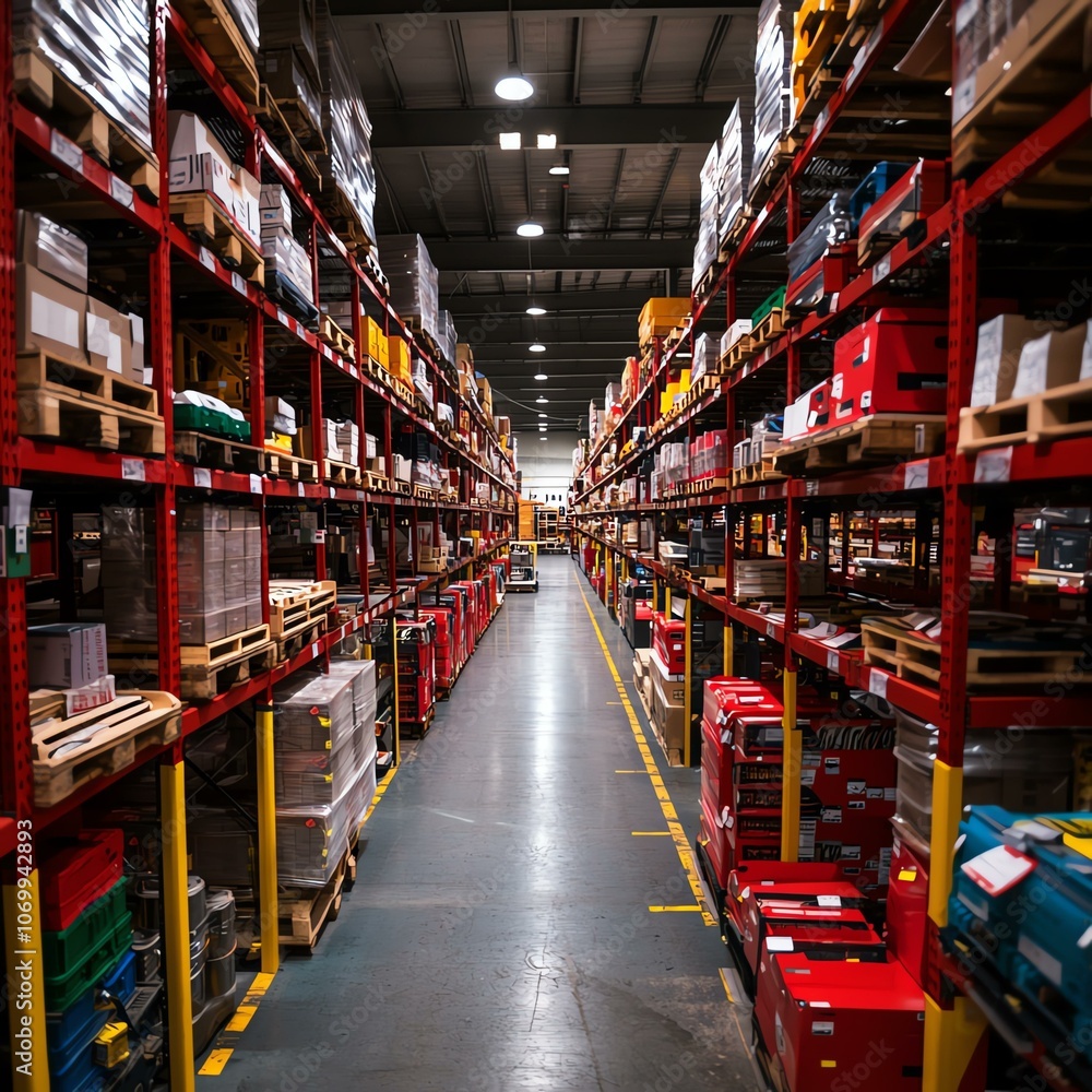 A well-organized warehouse with neatly stacked pallets of various products, creating an efficient storage system. A well-organized warehouse with neatly stacked pallets of various products, creating an efficient storage system.