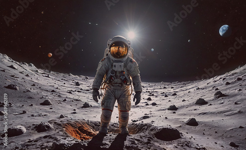 Man in a space suit stands on a rocky surface photo