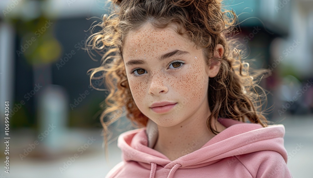 Portrait of young girl with brown curly hair and freckles, no makeup, wearing pink hoodie in city Portrait of young girl with brown curly hair and freckles, no makeup, wearing pink hoodie in city