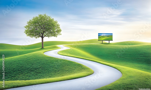 A winding road leads through a lush green field with a billboard displaying a picturesque landscape in the distance.