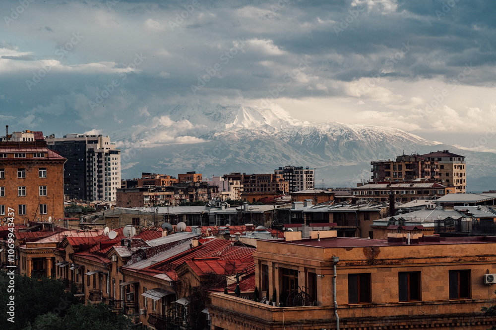 Panoramic view of Yerevan with Mount Ararat in the background covered with clouds Panoramic view of Yerevan with Mount Ararat in the background covered with clouds