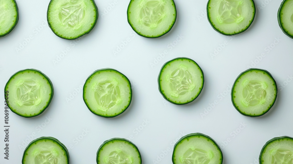 Fresh cucumber slices arranged neatly on a light surface, showcasing a vibrant green color and crisp texture. Fresh cucumber slices arranged neatly on a light surface, showcasing a vibrant green color and crisp texture.