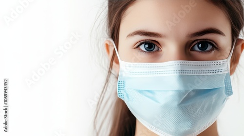 A young girl is sick with the coronavirus and is in quarantine at home. She is wearing a medical protective face mask and has a high temperature. She is isolated on a white background.