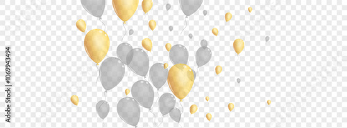 Gray Air Background Transparent Vector. Balloon Congratulation Template. Yellow Streamers Helium. Balloon Glossy Frame.