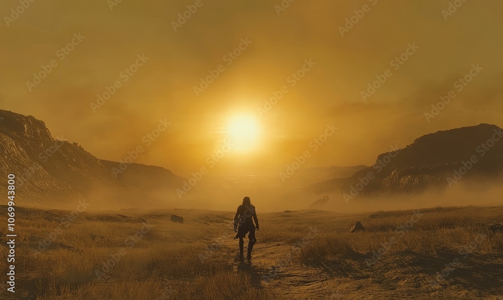 Lonely figure walks toward sunset in hazy landscape. Lonely figure walks toward sunset in hazy landscape.
