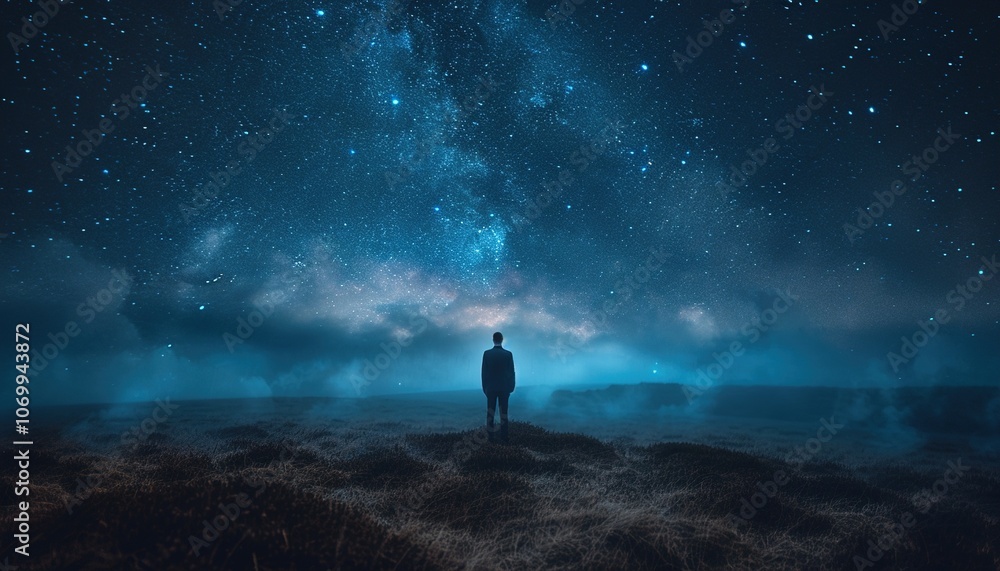 Man Standing on Hill Under Starry Night Sky Man Standing on Hill Under Starry Night Sky