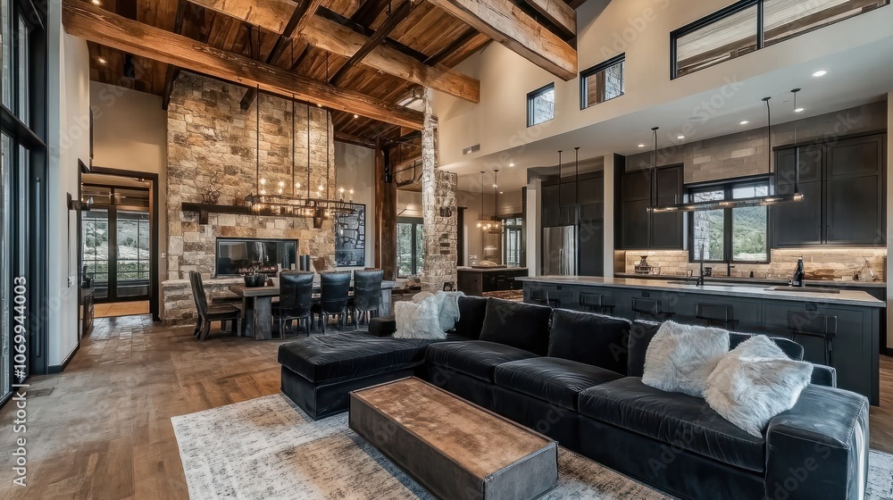 Cozy yet spacious open-plan living room with a warm-toned sofa, exposed wood beams, a stone accent wall, and a minimalist kitchen with black cabinetry. Cozy yet spacious open-plan living room with a warm-toned sofa, exposed wood beams, a stone accent wall, and a minimalist kitchen with black cabinetry.
