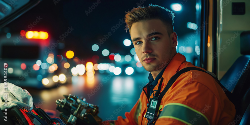 Obraz premium Portrait of a Focused Paramedic in an Ambulance