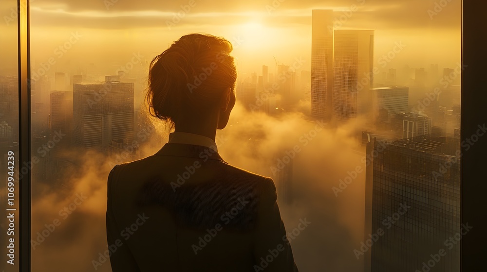 Fototapeta premium Executive Woman Gazing at Dramatic Cityscape Through Office Window