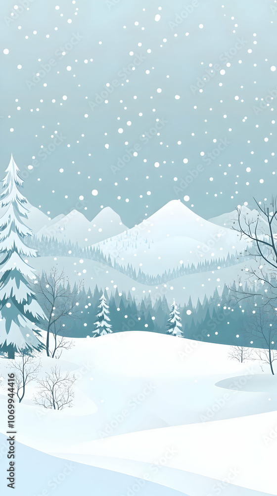 Snowy mountain landscape with pine trees and falling snow. Snowy mountain landscape with pine trees and falling snow.