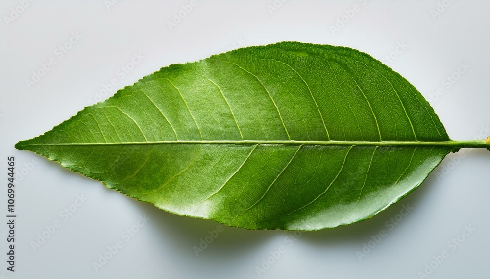 Obraz premium Fresh green lime leaves, placed in a golden ratio composition with one leaf partially torn, on a light background.