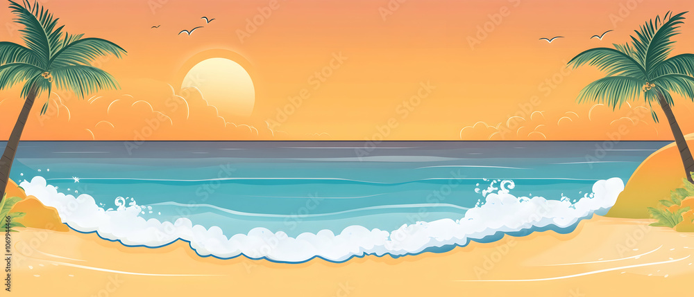 Obraz premium Sunset on a beach with palm trees and ocean waves.