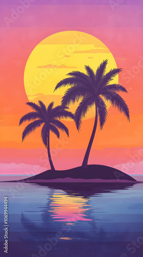 Sunset over a tropical island with two palm trees, the sun reflects in the water.