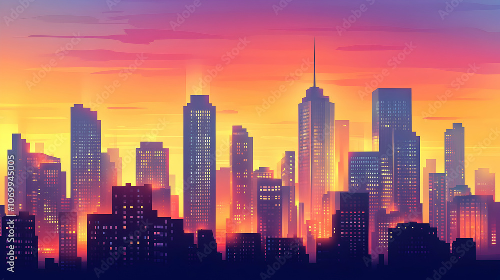 A colorful sunset illuminates the skyline of a modern city, with skyscrapers casting long shadows. A colorful sunset illuminates the skyline of a modern city, with skyscrapers casting long shadows.