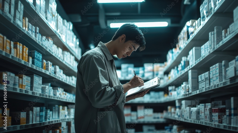 Fototapeta premium The Pharmacist Checking Inventory