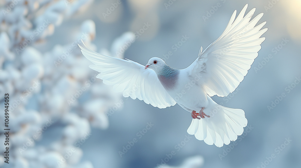 Obraz premium White dove, symbol of peace, flying through the sky.