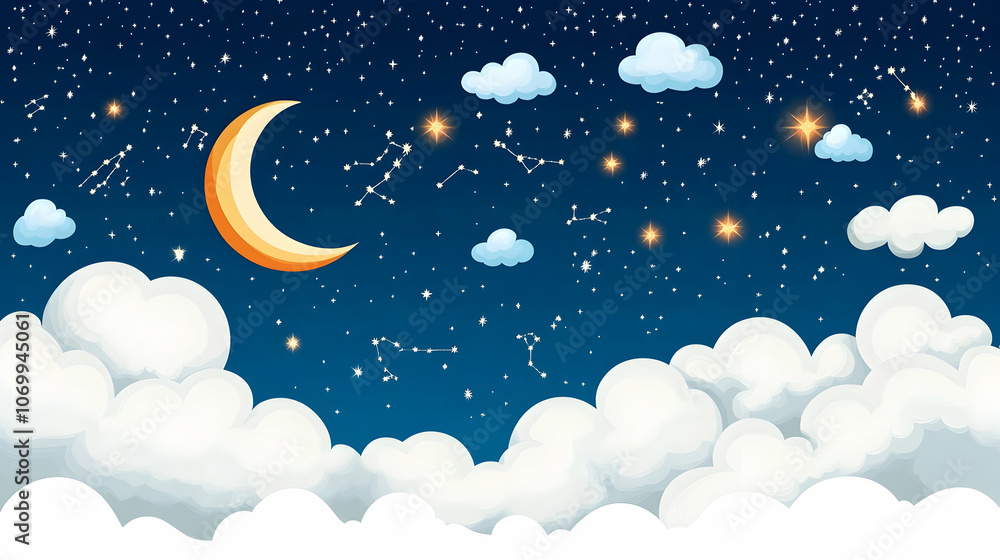 A crescent moon and constellations shine in a starry night sky. A crescent moon and constellations shine in a starry night sky.