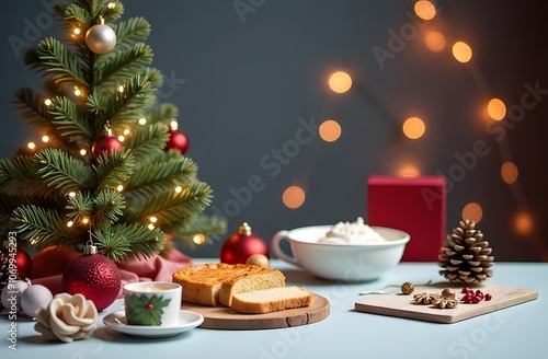 A beautifully arranged holiday setup showcases a small Christmas tree adorned with ornaments, accompanied by sliced bread, whipped cream, and festive decor, creating a cozy atmosphere