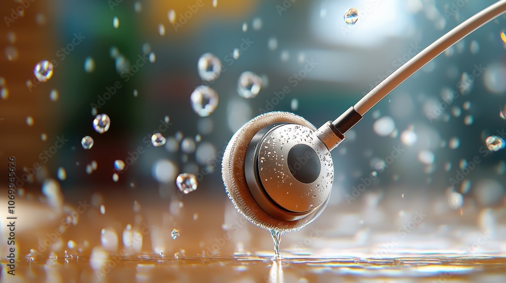 A close-up of headphones partially submerged in water, surrounded by droplets, creating a visually striking and dynamic atmosphere. A close-up of headphones partially submerged in water, surrounded by droplets, creating a visually striking and dynamic atmosphere.