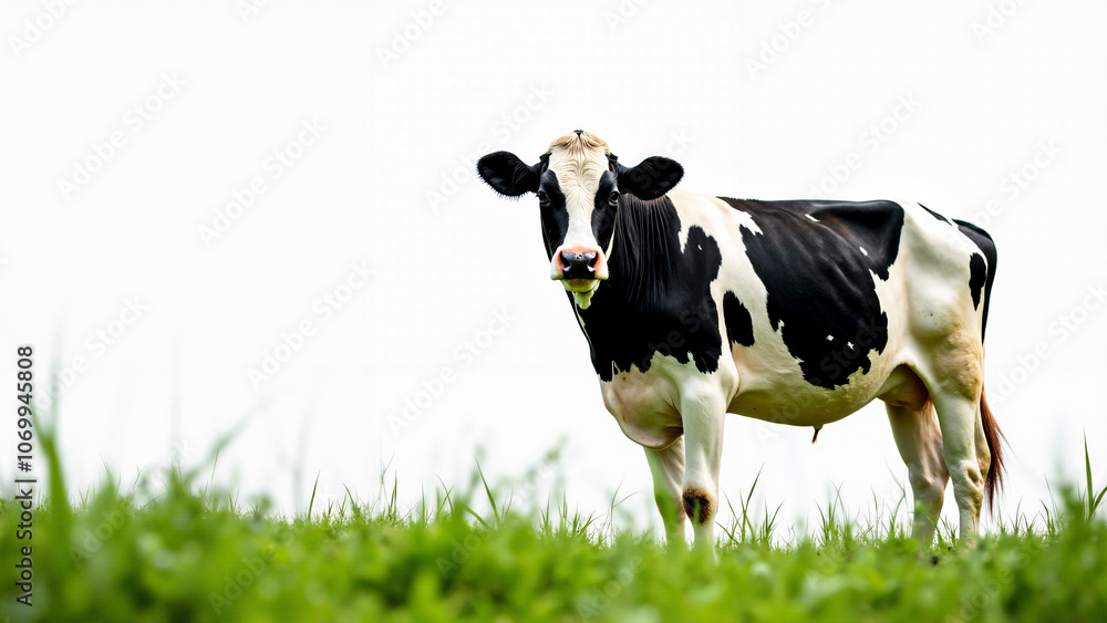 Striking Black and White Cow in Lush Green Field: Perfect for Dairy Advertising or Farm-to-Table Restaurant Branding Striking Black and White Cow in Lush Green Field: Perfect for Dairy Advertising or Farm-to-Table Restaurant Branding